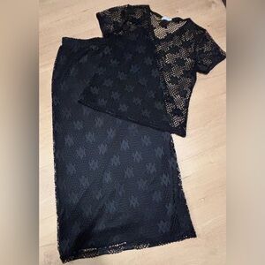 Escalade 2pc Set Vintage Black Skirt M lined and Top S lace embroidered crochet